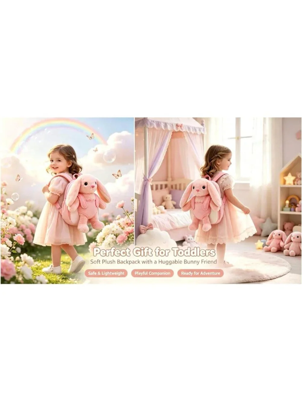 Soft Pink Bunny Toddler Backpack with Removable Plush Cuddle Buddy, Perfect Gift